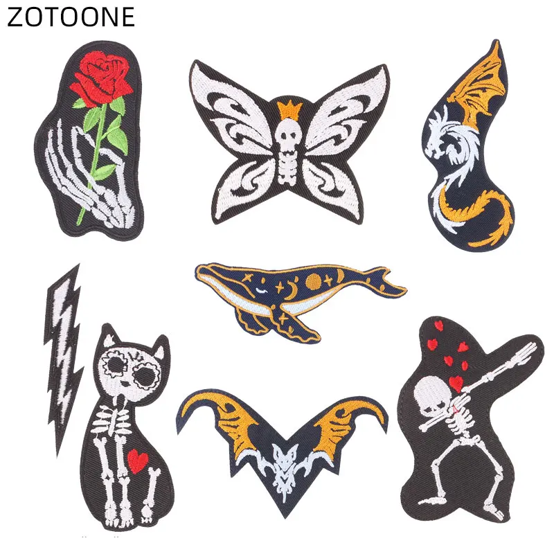 Skull Animal Patches for Kids Jeans Ironing on Cat Rose Clothing Stripe Stickers Patch Embroidered Flower Badges E | Дом и сад