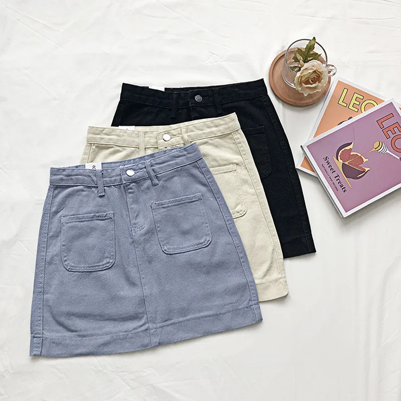 

Skirts Women Solid High Waist Students Simple Denim Mini Chic Pockets All-match Leisure Spring Slim Fashion Daily Streetwear New