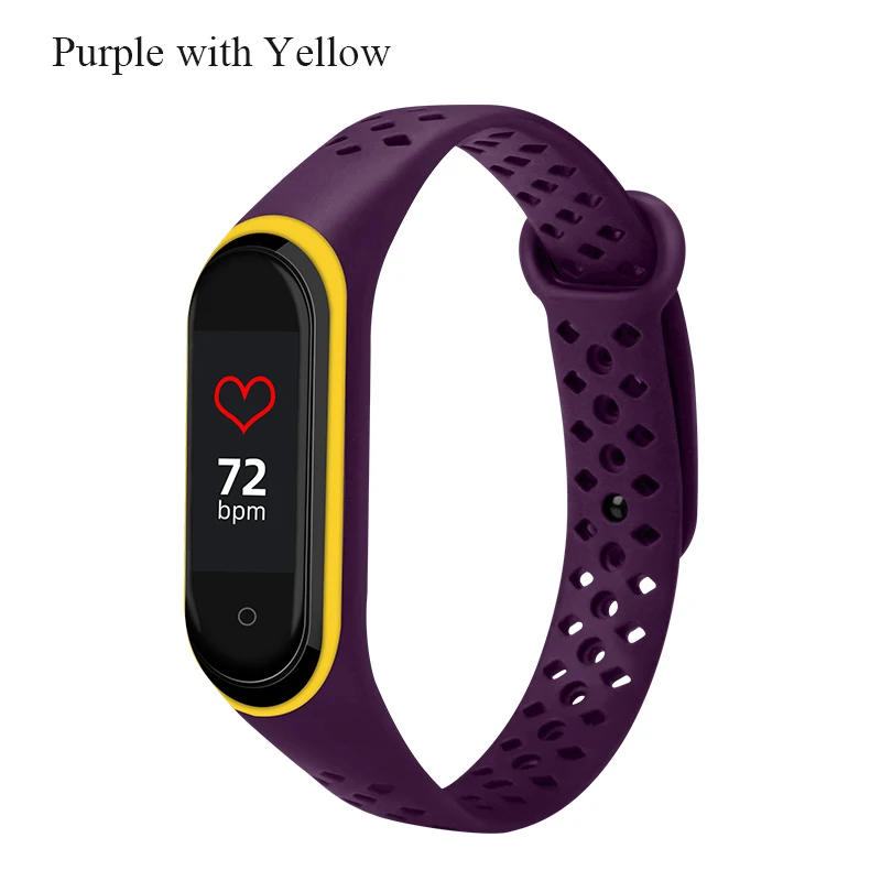 Purple with yellow BOORUI mi band 4 ремешок силиконовый сменный для Xiaomi mi band 4 3 ремешок двойной цвет алмазное отверстие mi band 4 ремешок - Цвет: Purple with yellow
