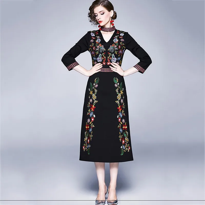 Женское винтажное коктейльное платье элегантное с цветочной вышивкой и