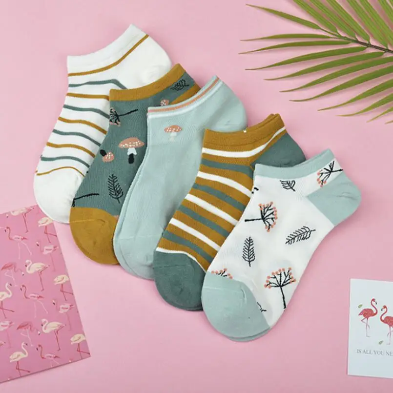 Students Cotton Socks Animal Fruit Flamingo Printed Crew Sock Woman Cotton Mesh Ankle Socks Girls Striped Summer Boat Socks
