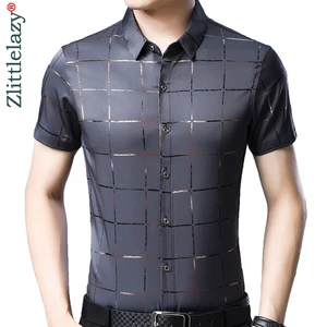 Мужская рубашка в клетку, Повседневная приталенная летняя рубашка с коротким рукавом, 2021, 51512