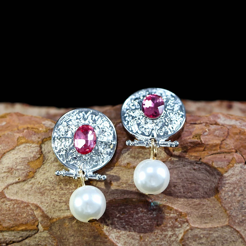 

Fashion Pearl Earrings Exquisite Handmade Metal Circle Pink Red Zircon Dangle Earrings For Women Bridal Jewelry Gifts Z3D355