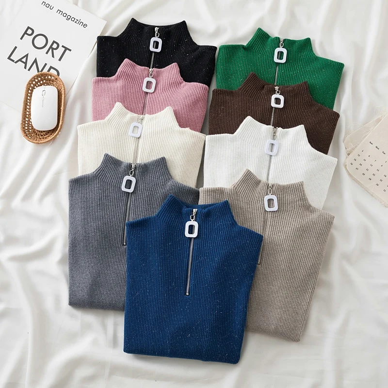 

2021 Knitted Women Zipper Half Turtleneck Sweater Pullovers Autumn Winter Basic Women Sweaters Slim Fit Black Pull Femme