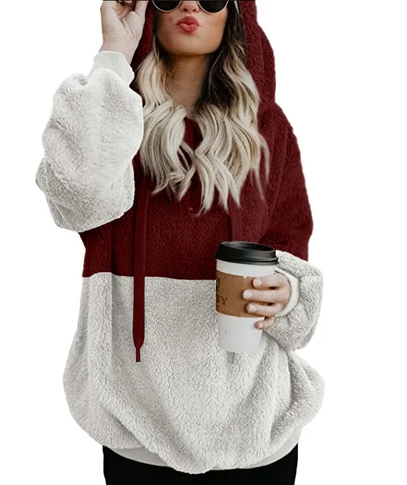 white red Зимние теплые Повседневное двойной Fuzzy 1/4 толстовка на молнии из искусственного флиса карман с длинным рукавом безразмерная подстежка на искусственном меху, пуловер с капюшоном пальто, верхняя одежда - Цвет: white red