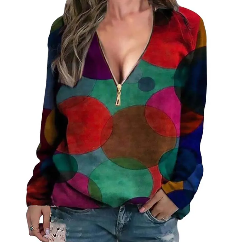 

Printed Blouse Womens Clothes Fashion Zip V Neck Long Sleeve Plus Size Vintage Shirts Office Tops And Blouses Ladies