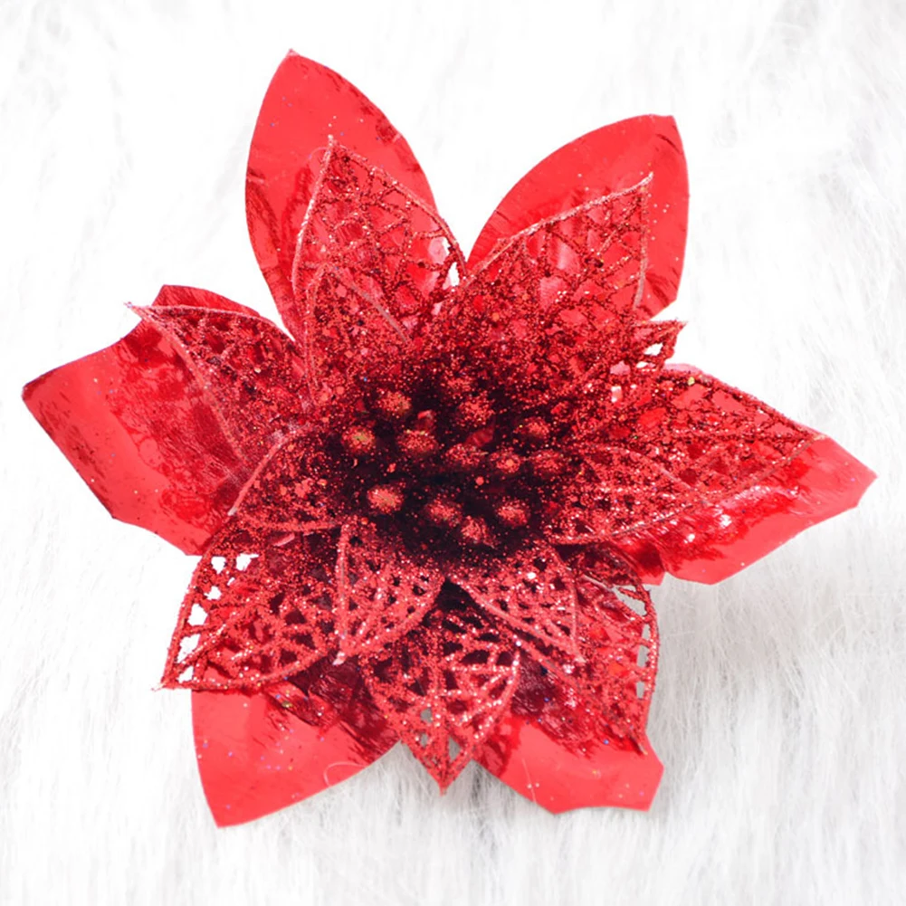 red 12cm Большие искусственные цветы для рождественского декора, блестящие Искусственные цветы Poinsettia, сделай сам, украшение для дома, Рождества, Нового года, цветок для свадьбы - Цвет: red 12cm