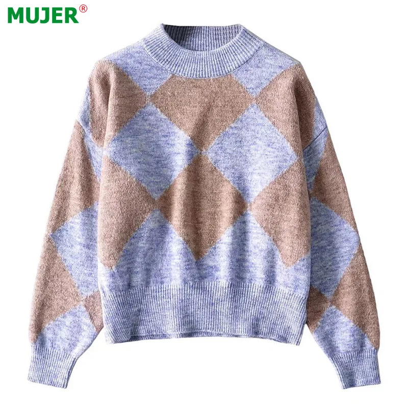 

Свитер женский трикотажный с длинным рукавом, с узором ромбиками