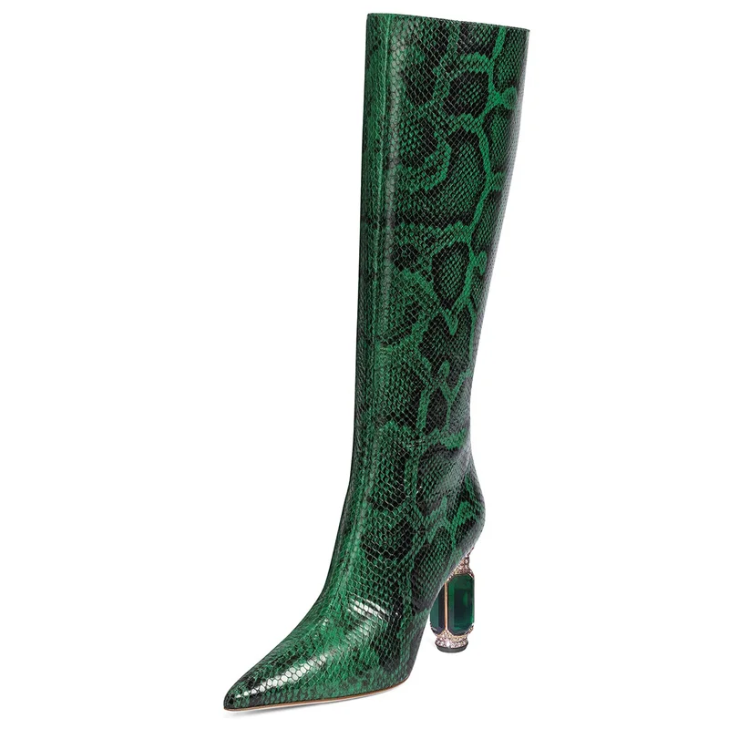 

Женские кожаные сапоги до колена, с острым носком, на массивном каблуке, без застежек, со змеиным принтом, размеры 34-45