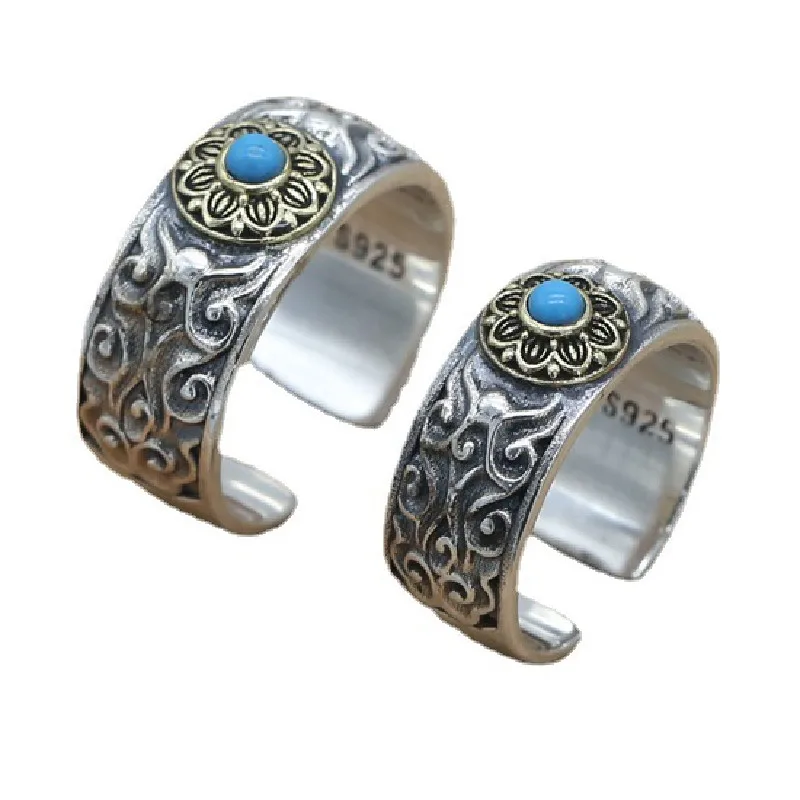 

2021 Trendy 100% S925 Sterling Silver Opening Ring Fashion Eternal Vine Turquoise Pure Argentum Charm Jewelry for Women and Men