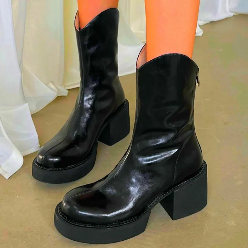

Motorcycle Platform Ankle Boots Women's Genuine Leather Round Toe Mid Cuban Oxfords Creepers Punk Goth Military Pumps