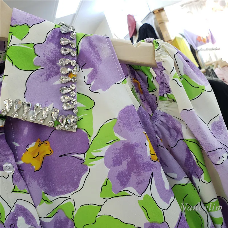 Chemise à revers avec strass pour femme, haut ample à manches mi-longues, multi-boutons, imprimé floral, à la mode, été, 2021