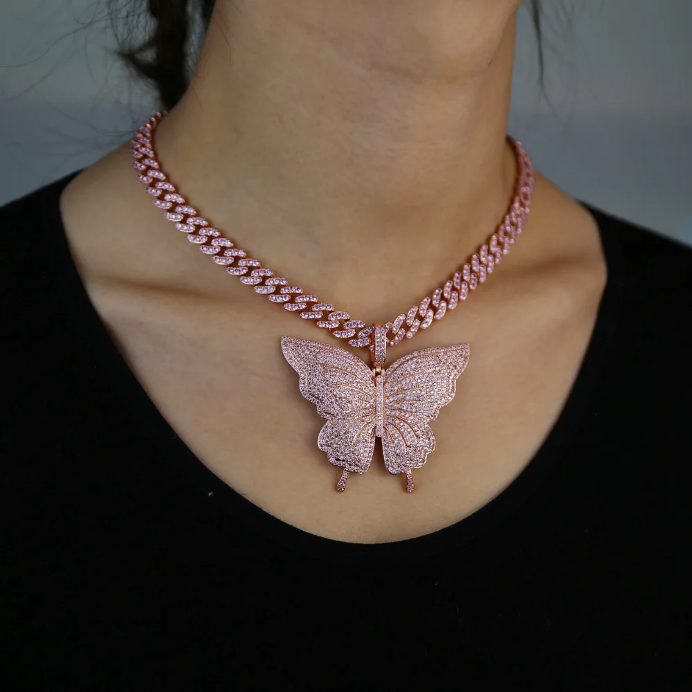 2024 микро паве CZ сверкающая большая бабочка кулон розовый золотой цвет хип-хоп 5А
