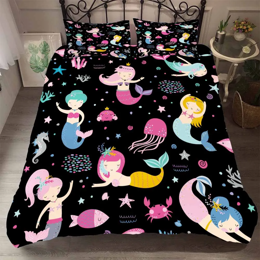 

Lovely Fairy Tale Style Printed Bedding Cover 3D Mermaid Baby Girl Bed Sheet Pillowcase Single Double Queen Duvet Cover