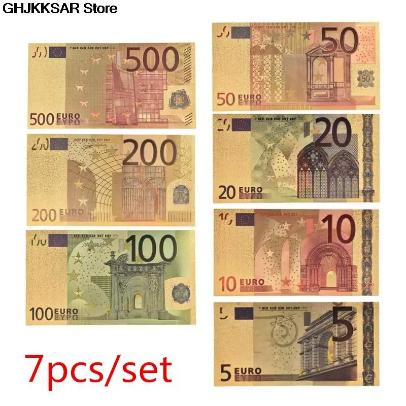 7pcs/lot 5 10 20 50 100 200 500 EUR Gold Banknotes in 24K Gold Fake Paper Money for Collection Euro Banknote Sets hot sale