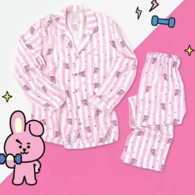 

Print Women's Striped Cartoon Cute Pajamas Set Top Shirts Pants Kawaii Homewear Suit Female Spring Summer Korean Sleepwear Suits