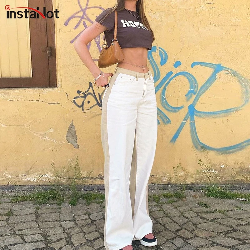 

Instunning Women Panelled Wide Leg Pants Causal Sexy 2021 Summer Vintage Office Lady Daily Wear Female White and Khaki Trousers