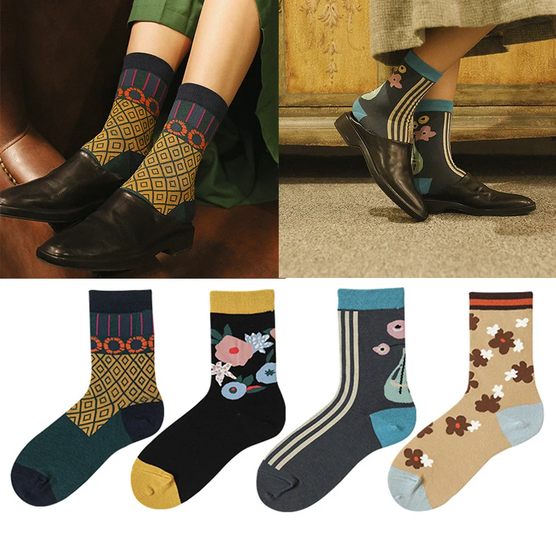 

Autumn and Winter New Products Sen Series Retro Middle Tube Cotton and Linen Women's Socks, Plant Painting Series, Fashion Socks