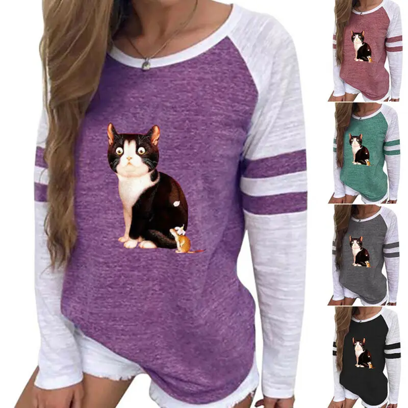 

Womens Cat Printed Loose Casual Tops Ladies Long Sleeve Pullover T-shirt Blouse
