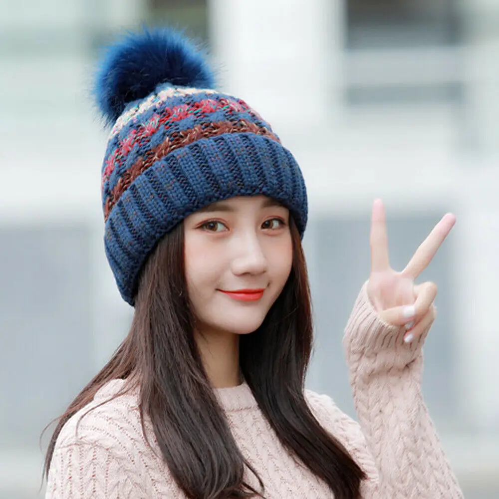 Женская вязаная шапка разноцветные шапки в стиле пэчворк с помпоном из меха