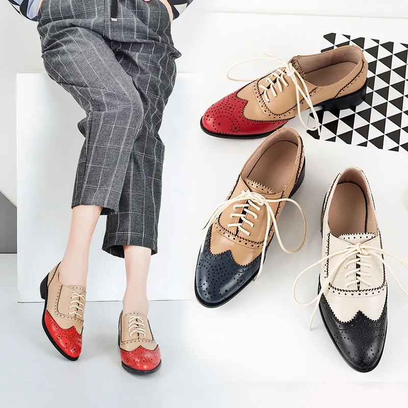 

2021 Fashion Women Shoes Square Heel Spring Pumps Pointed Toe Brock Burnt Color Matching British Style Oxford Shoes Cow Leather