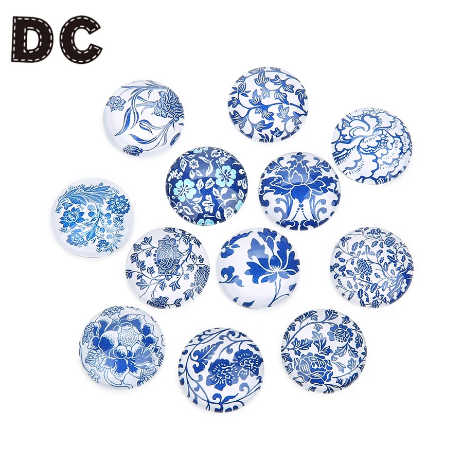 

20pcs 10 12 18 20 25mm Ethnic Blue Flower Pattern Glass Cabochons Fit Flat Back Pendant Charms Base Tray Setting DIY Jewelry