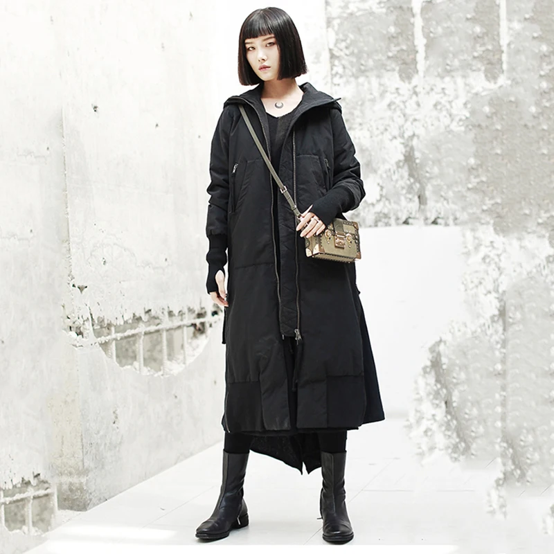 Женское пальто с капюшоном EAM черное Свободное длинное хлопковой подкладкой и