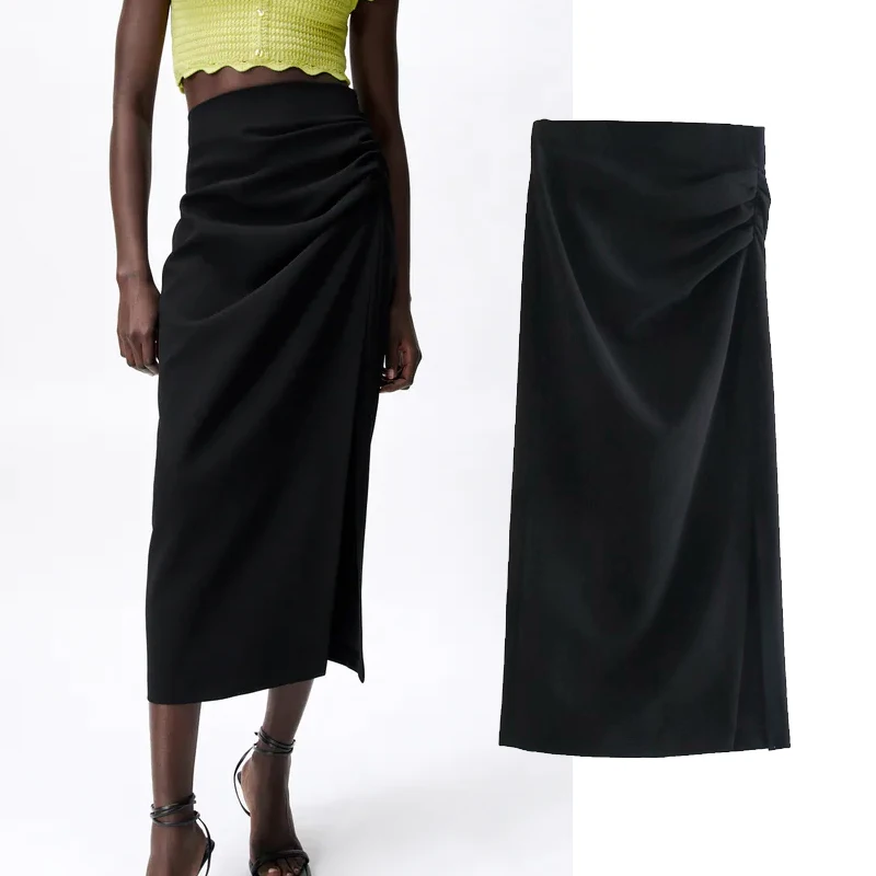 

Za Pencil Skirt Women Black Long Skirts Woman Summer 2021 Pleated High Waist Midi Skirt Ruched Elegant Split Skirts