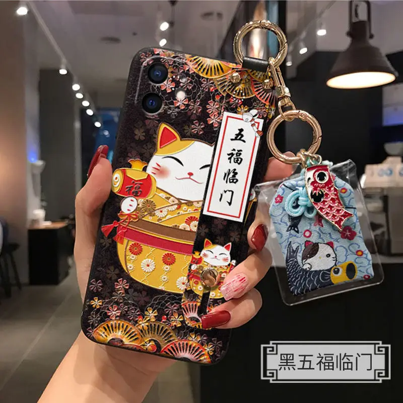 Фото Роскошный защитный чехол с тиснением Lucky Cat для iPhone 11, 12, 13, Pro Max Mini XR XS, браслет, кронштейн, подвесное украшение, задняя крышка №4