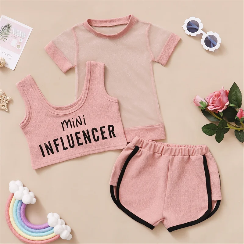 

3pcs Kids Baby Girls Casual Clothes Cotton Clothes Sets,Clear Mesh T-shirts+Letter Printed Tank Tops+Short Pant,18Month-6Years