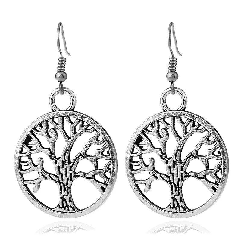 Винтажные металлические серьги подвески с полым круглым кольцом древо