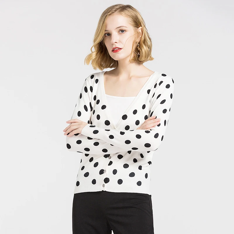 Тонкий Polkdot женский кардиган весна осень вязаный свитер пальто однобортный