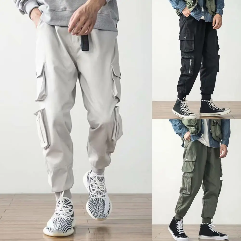 

Men Casual Multi Pockets Ankle Tied Drawstring Long Cargo Pants Loose Trousers