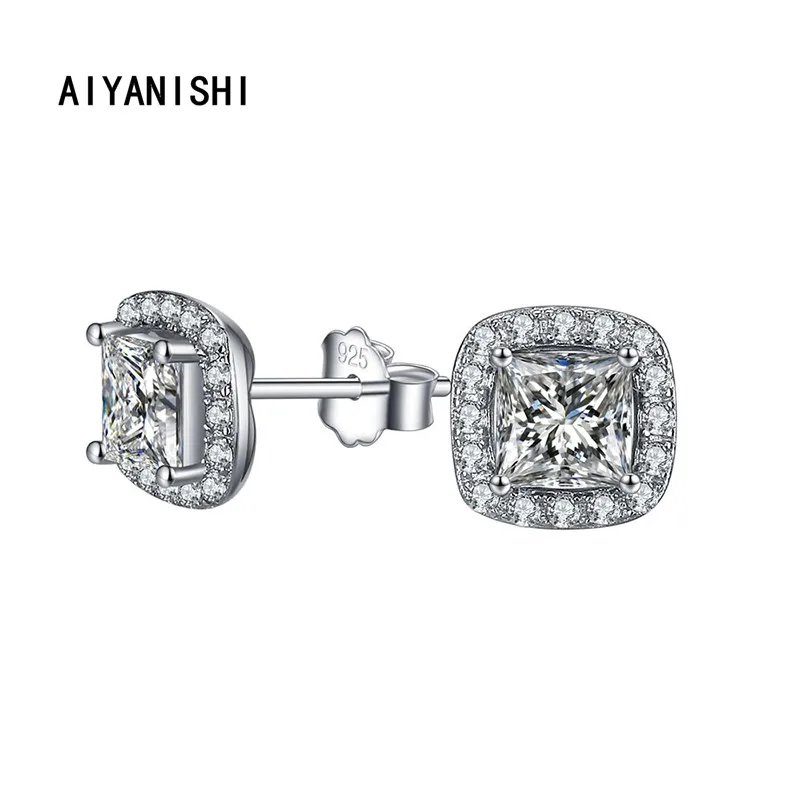 

AIYANISHI Vintage 925 Sterling Silver Stud Earrings Halo Princess Silver Stud Earrings for Women Wedding Engagement Party Gifts