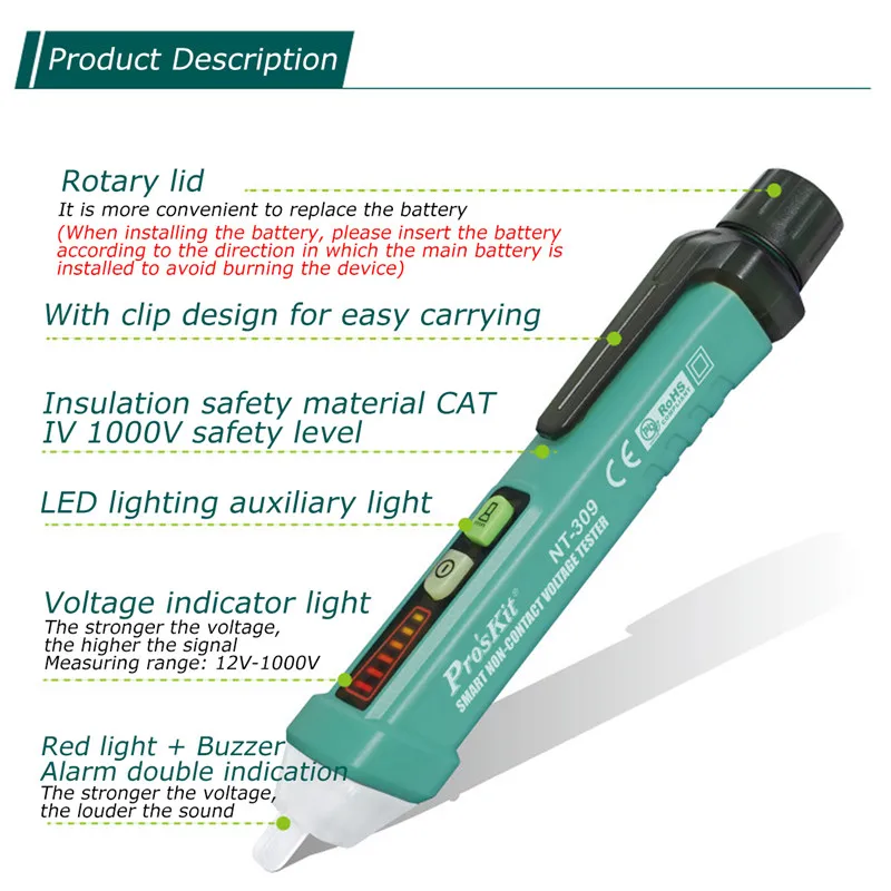 ZEAST AC/DC Digital Display Multi-function Induction Test Pencil Sound/Light Alarm AC / 12~1000V Non-Contact Voltage Detector - Цвет: Синий