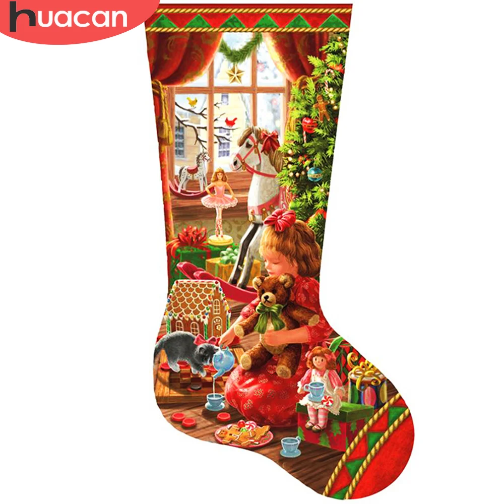 

HUACAN 5D Full Drill Diamond Painting Christmas Socks Cross Stitch Kit Diamond Embroidery Landscape Bear Mosaic Tree Wall Art