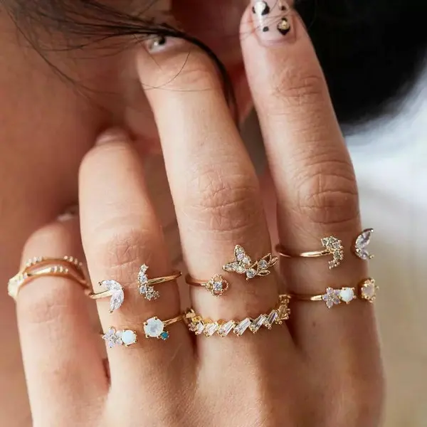 6 rings set Лидер продаж, женское кольцо с океанской звездой и луной, 13 шт. в наборе, ювелирные изделия, Ретро стиль, опал, корона, циркониевые кольца, модные женские аксессуары - Цвет основного камня: 6 rings set