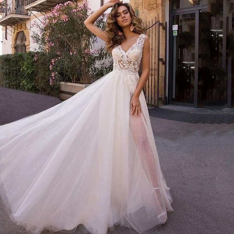 

Sexy Beach Wedding Gowns Split Side Glitter Tulle A Line Bridal Dresses 2021 Robe de Mariage V Neck Lace Wedding Dress Backless