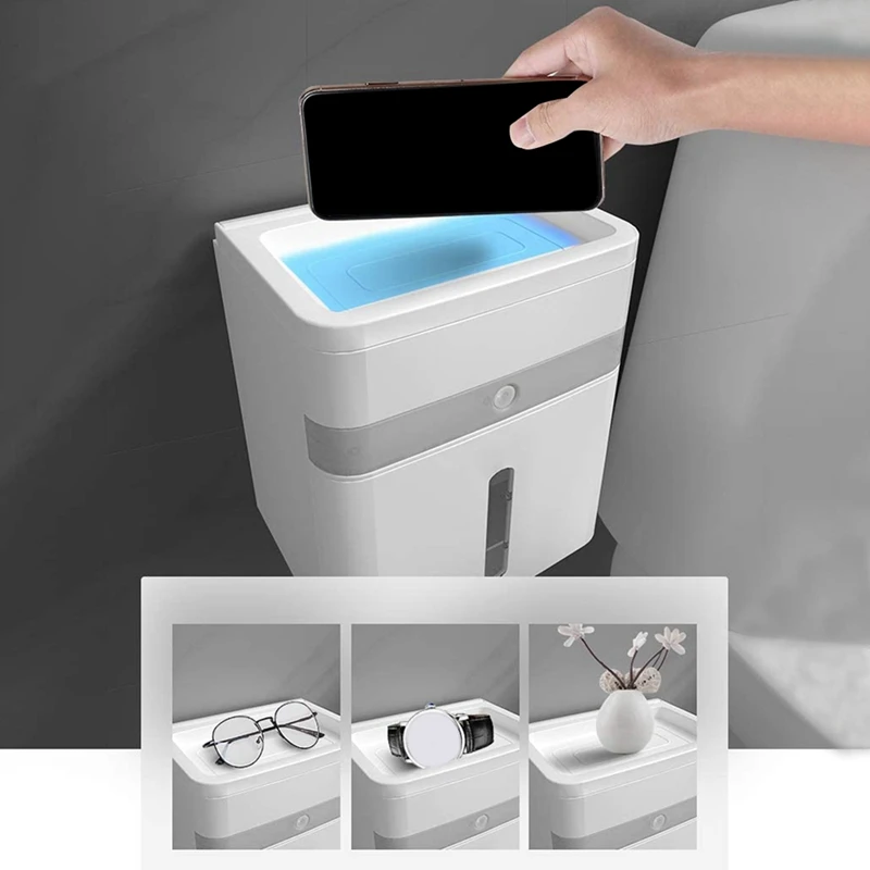 

Toilet Paper Roll Holder with Automatic Sensor LED Lighting and Smartphone Holder Shelf, Wall Mounted Bathroom