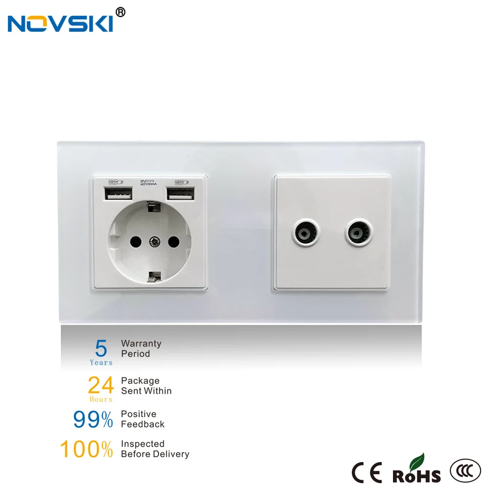 NOVSKI USB 2100mA настенная розетка с двойным CATV разъемом для передачи данных ТВ
