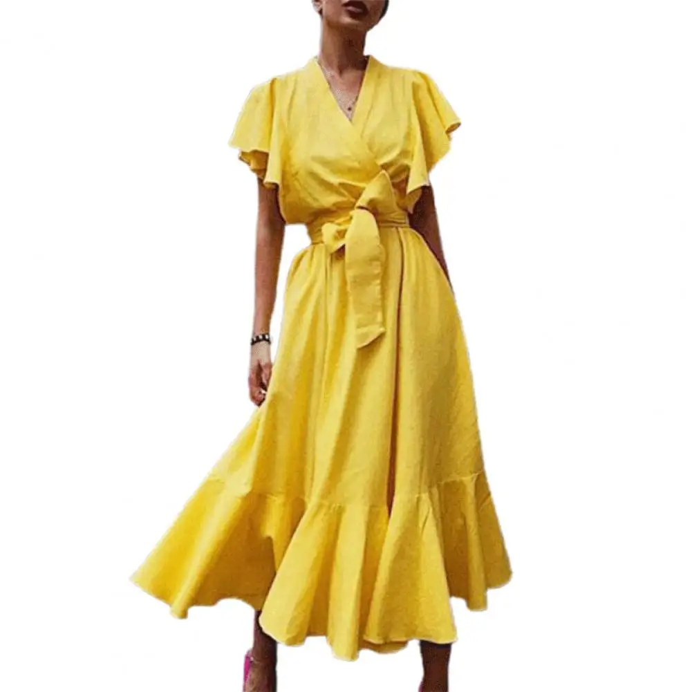 

Vintage Maxi Dress Women Elegant Ruffle Short Sleeve High Waist Female Sundress Ruffle Large Hem V-neck Lacing Dress платье