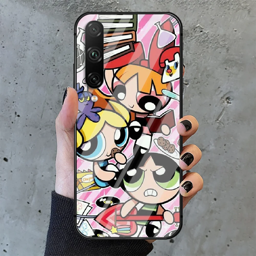 

Power Cute puff Girl Phone Tempered Glass Case Cover For huawei honor 7 8 9 10 20 A X S lite i pro Black Cover Hoesjes Etui