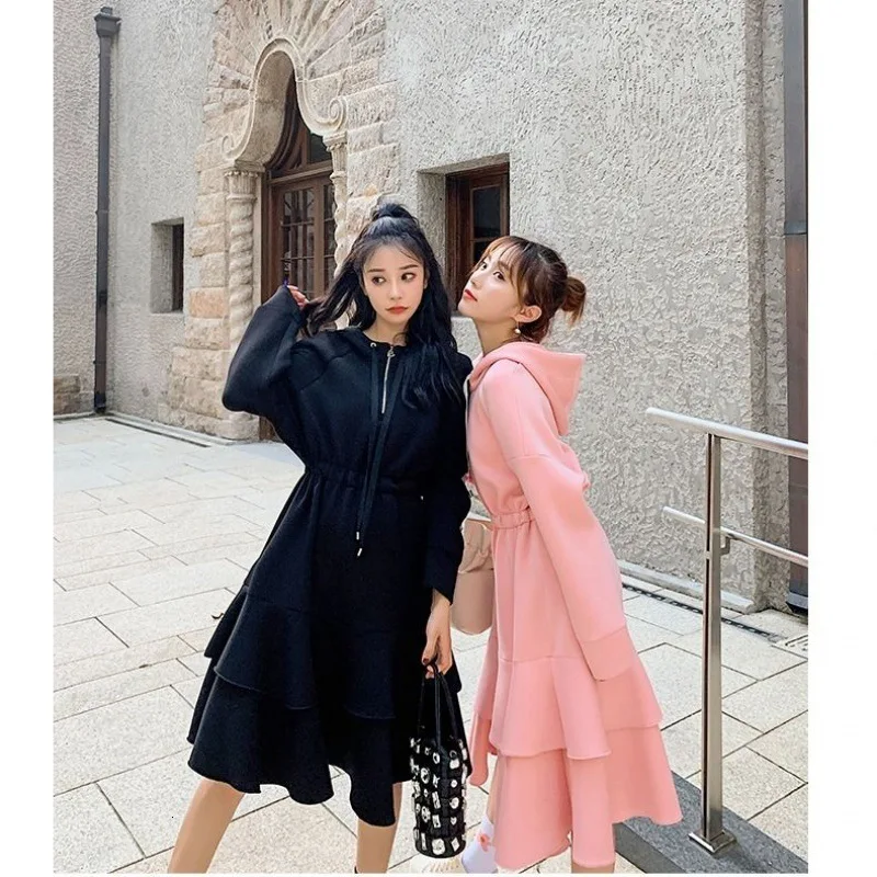 Новинка 2021 утолщенное платье средней длины с оборками и длинным рукавом