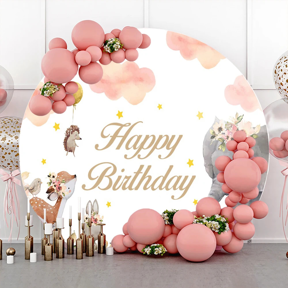 

Laeacco Elephant Animals Baby Happy Birthday Round Circle Backdrops For Photography Portrait Customized Banner Photo Backgrounds