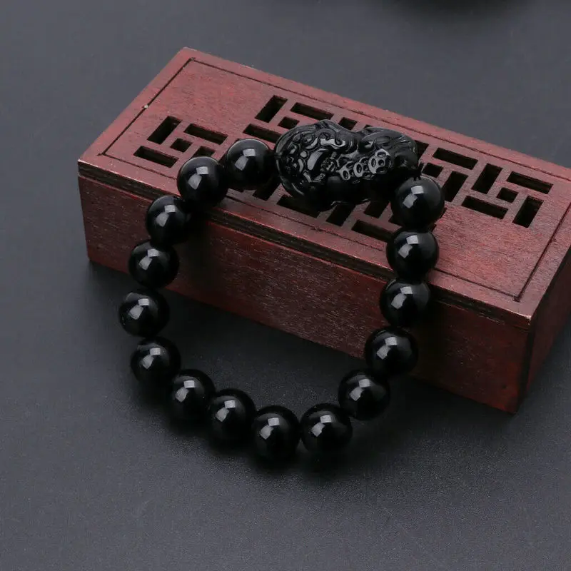 Feng Shui Pi Xiu Obsidian Black Stone Beads Bracelet Men Women Wristband Gold Wealth and Good Lucky Bracelets Jewelry