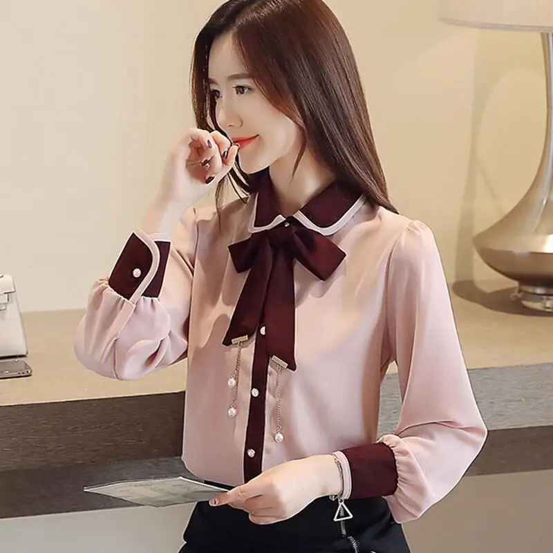 Женская шифоновая блузка с отложным воротником однотонная длинным рукавом осень