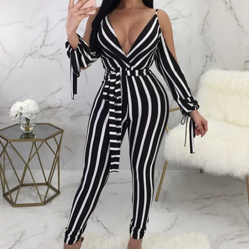 

Casual Slim Jumpsuits Elegant Striped Sexy Spaghetti Strap Rompers Womens Deep V Neck Jumpsuit Long Sleeve Backless Bow Overalls