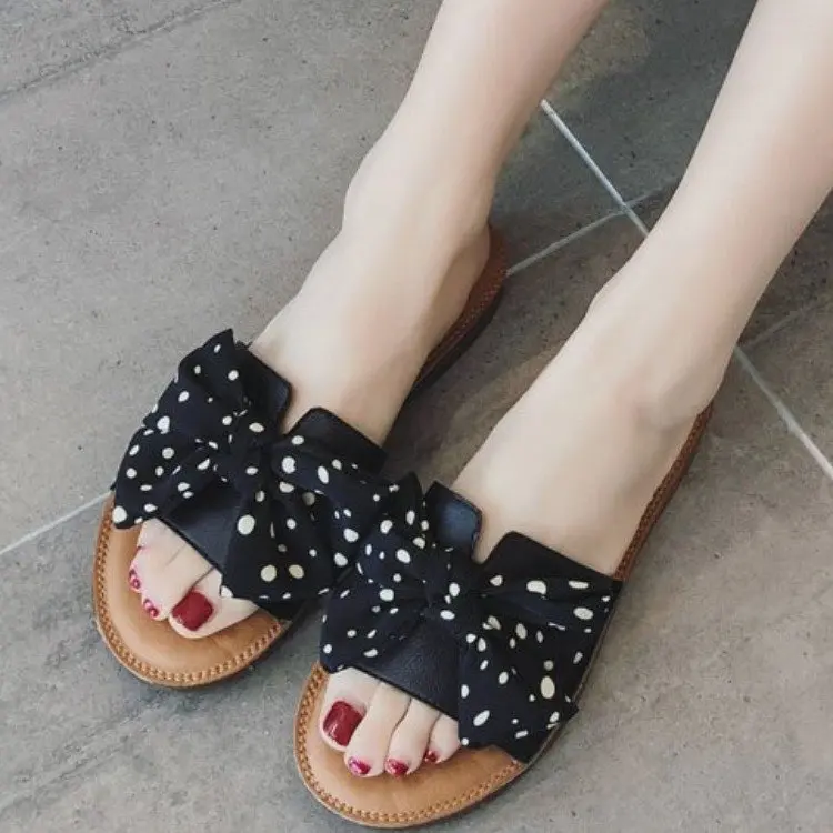 Slippers Female Summer Fashion Outer Wear 2021 New Korean Bow Flat Soft-Soled Sandals sha tan tuo Female Slip Resistant