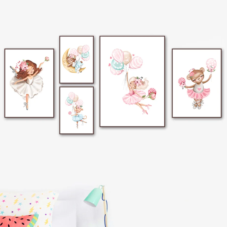 Pink Girl Bear Flamingo Rabbit Cat Balloon Wall Art Canvas Painting Nordic Posters And Prints Pictures Baby Kids Room Decor | Дом и сад