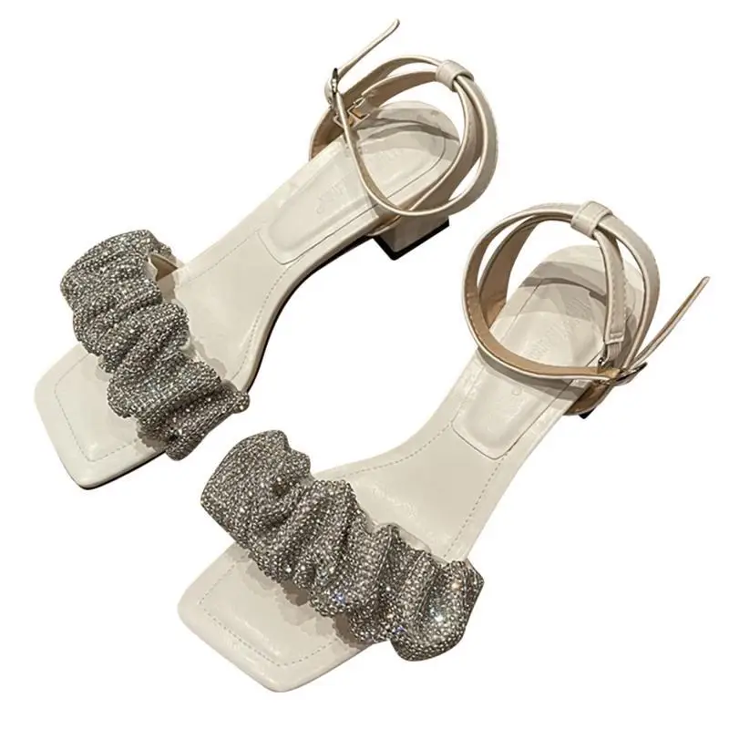 

Female Sandal High Heels 2021 Summer Bow Shoes Square Toe Anti-Skid Buckle Girls High-heeled Block Rhinestone New Comfort Strap